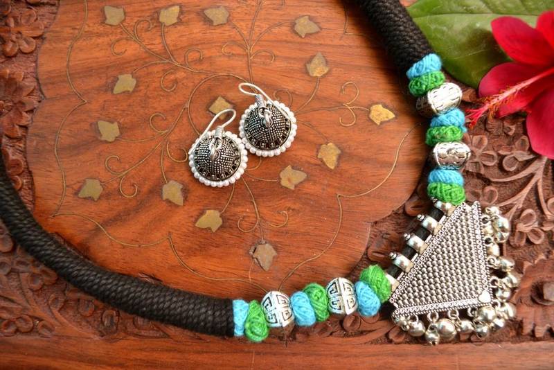 Metallic Oxidised Pendant Bright Colourful Thread Work Necklace Set With matching Jhumka