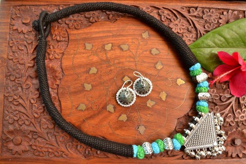 Metallic Oxidised Pendant Bright Colourful Thread Work Necklace Set With matching Jhumka