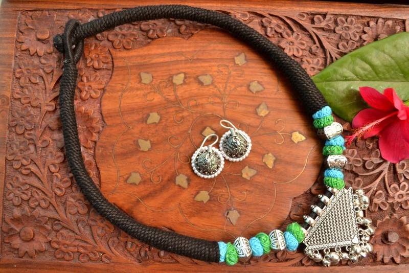 Metallic Oxidised Pendant Bright Colourful Thread Work Necklace Set With matching Jhumka