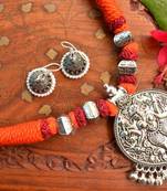 Metallic Oxidised Pendant Bright Colourful Thread Work Necklace Set With matching Jhumka