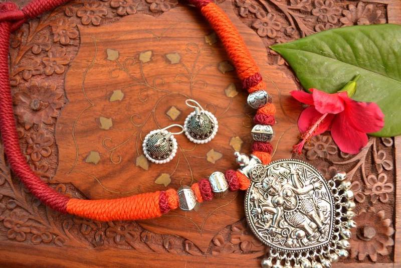 Metallic Oxidised Pendant Bright Colourful Thread Work Necklace Set With matching Jhumka