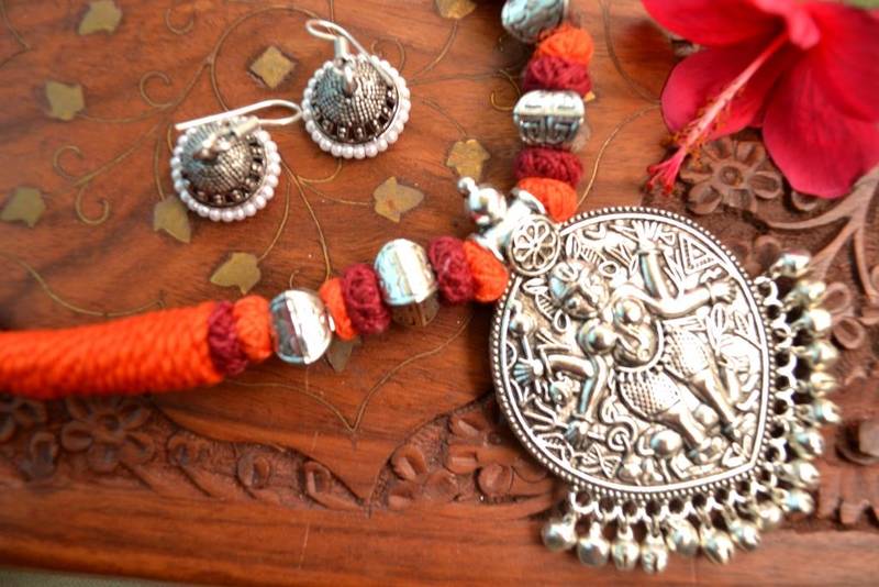 Metallic Oxidised Pendant Bright Colourful Thread Work Necklace Set With matching Jhumka