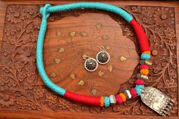 Metallic Oxidised Pendant Bright Colourful Thread Work Necklace Set With matching Jhumka 1