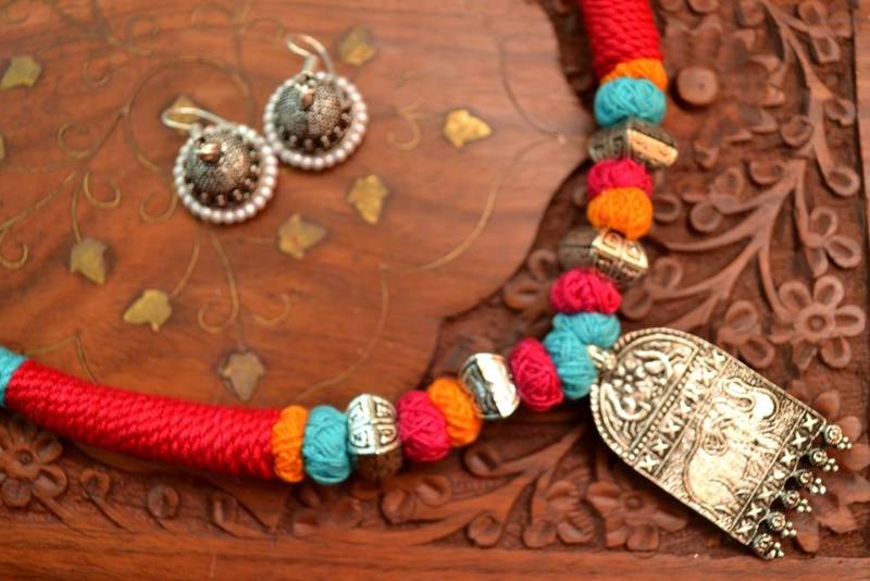Metallic Oxidised Pendant Bright Colourful Thread Work Necklace Set With matching Jhumka