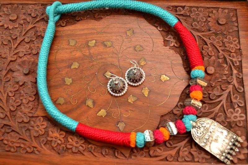 Metallic Oxidised Pendant Bright Colourful Thread Work Necklace Set With matching Jhumka