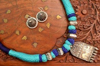 Metallic Oxidised Pendant Bright Colourful Thread Work Necklace Set With matching Jhumka 1