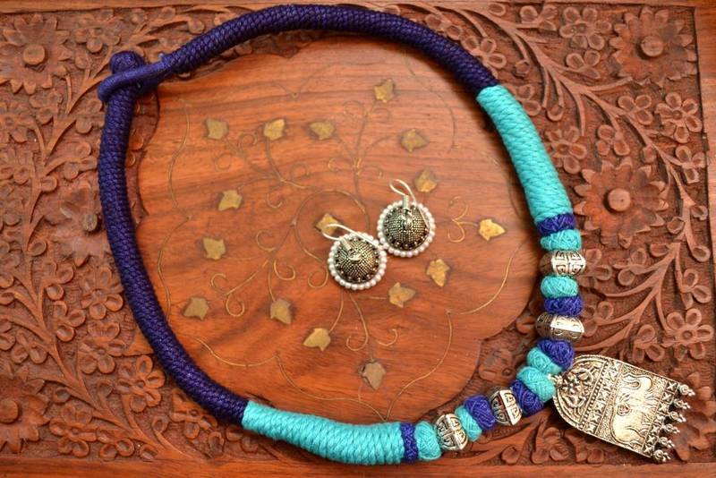 Metallic Oxidised Pendant Bright Colourful Thread Work Necklace Set With matching Jhumka