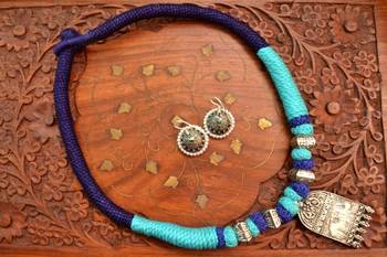 Metallic Oxidised Pendant Bright Colourful Thread Work Necklace Set With matching Jhumka 3