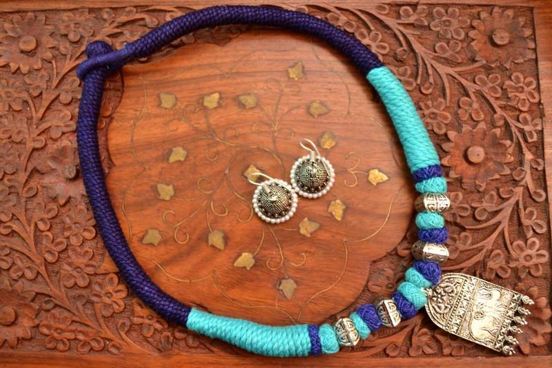 Metallic Oxidised Pendant Bright Colourful Thread Work Necklace Set With matching Jhumka