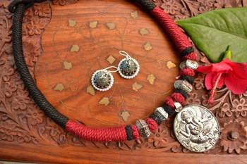 Metallic Oxidised Pendant Bright Colourful Thread Work Necklace Set With matching Jhumka 1