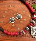 Metallic Oxidised Pendant Bright Colourful Thread Work Necklace Set With matching Jhumka