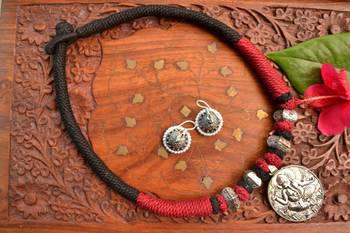 Metallic Oxidised Pendant Bright Colourful Thread Work Necklace Set With matching Jhumka 2