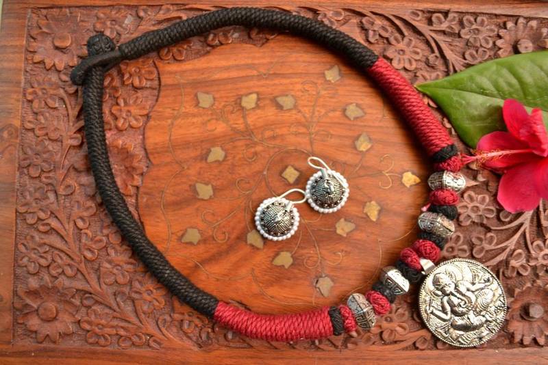 Metallic Oxidised Pendant Bright Colourful Thread Work Necklace Set With matching Jhumka
