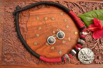 Metallic Oxidised Pendant Bright Colourful Thread Work Necklace Set With matching Jhumka 3