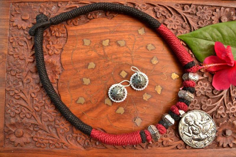Metallic Oxidised Pendant Bright Colourful Thread Work Necklace Set With matching Jhumka