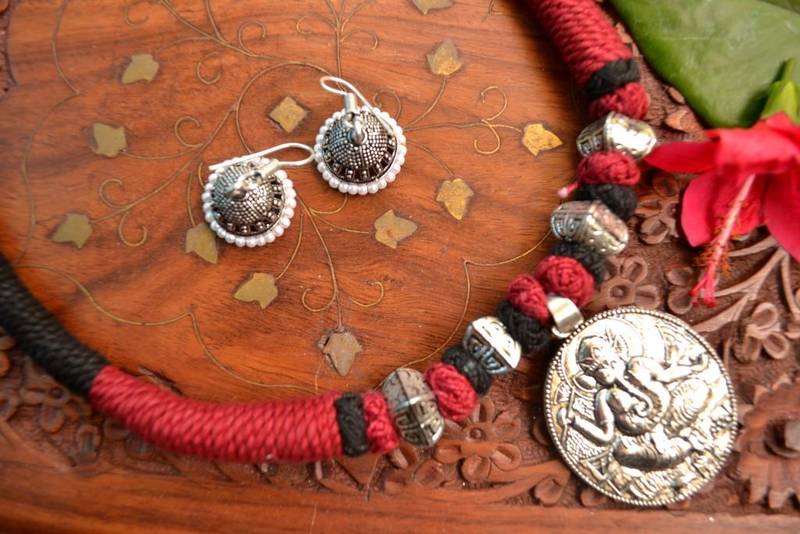 Metallic Oxidised Pendant Bright Colourful Thread Work Necklace Set With matching Jhumka