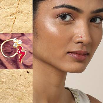 3 Diamond Designer Floral Zig - Zag Pattern Red Meenakari Nose Pin 1