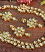 Simple Light Weight Elegant Golden Kundan Embellished Necklace Set with Earrings and Maang Tikka