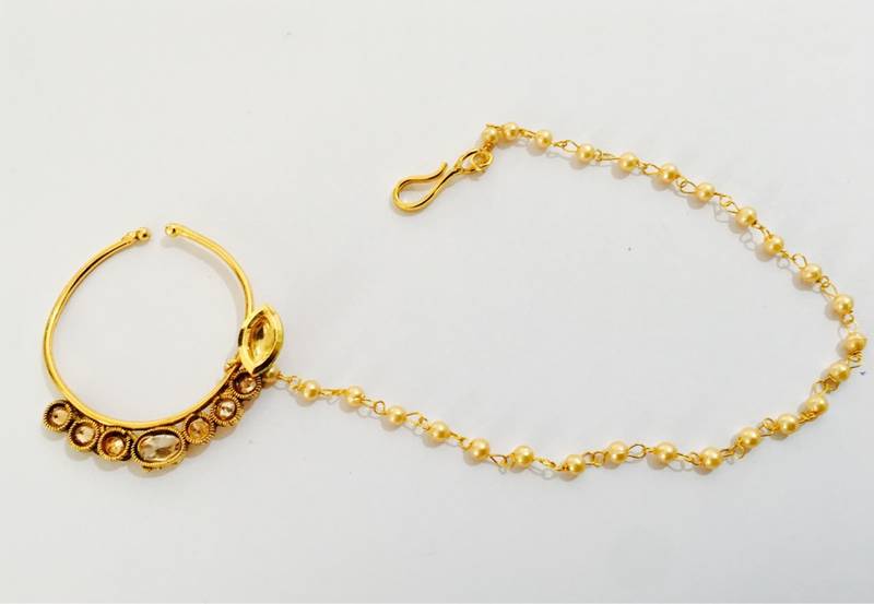Gold Plated Kundan Pearl Nose Ring Press Nath Type With Pearl String Nr43