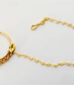 Gold Plated Kundan Pearl Nose Ring Press Nath Type With Pearl String Nr43