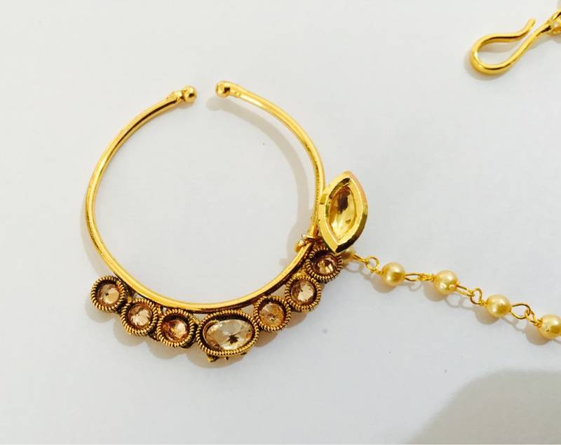 Gold Plated Kundan Pearl Nose Ring Press Nath Type With Pearl String Nr43