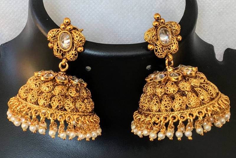 Gold Plated Jhumka Temple Pearl Drop Earrings