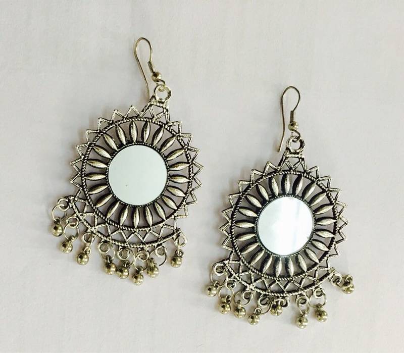 Silver Oxidized Dangler Mirror Earrings ETHNIC INDIA 2554532
