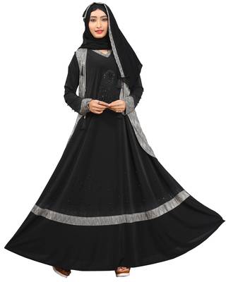 Black & Silver Color Diamond Stone Work Burkha With Hijab 1