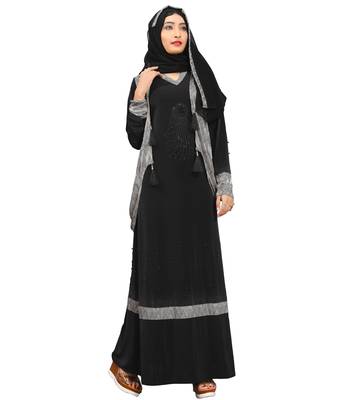 Black & Silver Color Diamond Stone Work Burkha With Hijab 3