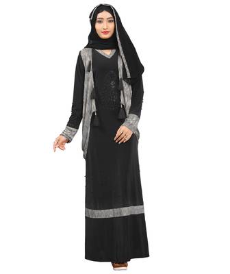 Black & Silver Color Diamond Stone Work Burkha With Hijab 4