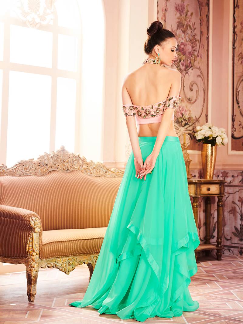 Khwaab Cyan Satin Embroidered Stitched lehenga choli