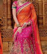 Orange & Rani-pink embroidered Tussar-Silk  Net saree