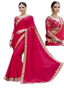 Dark hot pink embroidered georgette saree with blouse 1