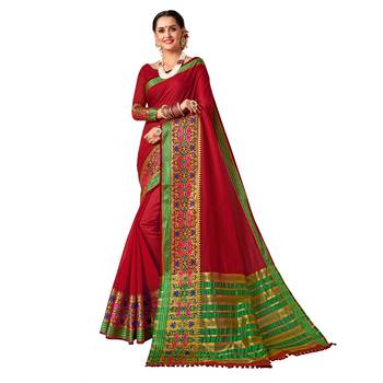 Red woven cotton silk saree with blouse 1