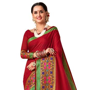Red woven cotton silk saree with blouse 2