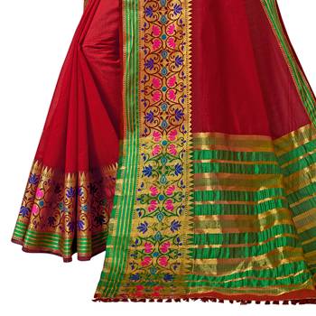 Red woven cotton silk saree with blouse 4