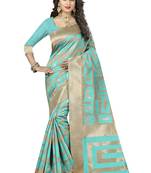 Aqua blue printed art silk saree with blouse