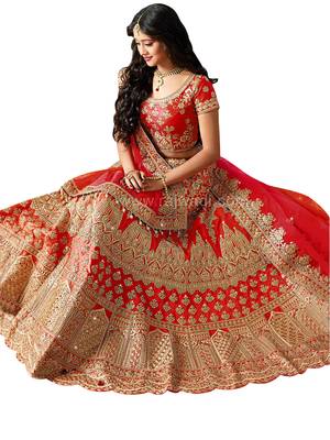 Red embroidered dupion silk unstitched lehenga with dupatta 1