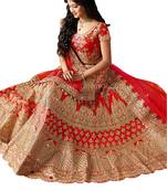 Red embroidered dupion silk unstitched lehenga with dupatta