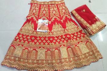 Red embroidered dupion silk unstitched lehenga with dupatta 2