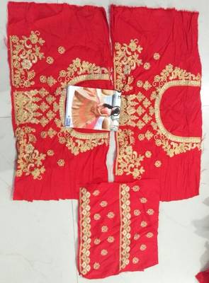 Red embroidered dupion silk unstitched lehenga with dupatta 3