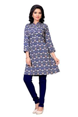 Navy blue printed crepe long-kurtis 1
