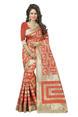 Orange printed art silk saree with blouse 1