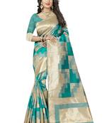 Teal printed art silk saree with blouse