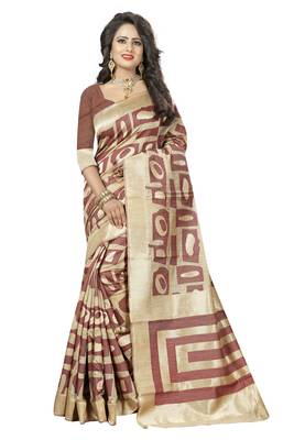 Brown printed art silk saree with blouse 1