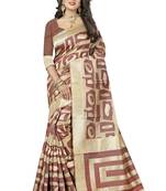 Brown printed art silk saree with blouse