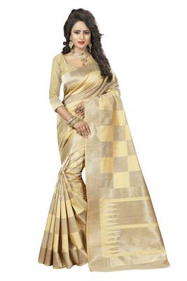 Cream printed art silk saree with blouse 1