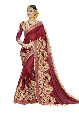 Maroon embroidered silk blend saree with blouse 1