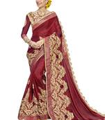 Maroon embroidered silk blend saree with blouse