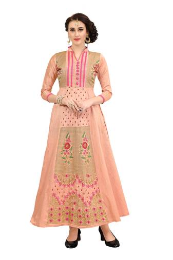 Peach Embroidered Art Silk Ethnic-Kurtis